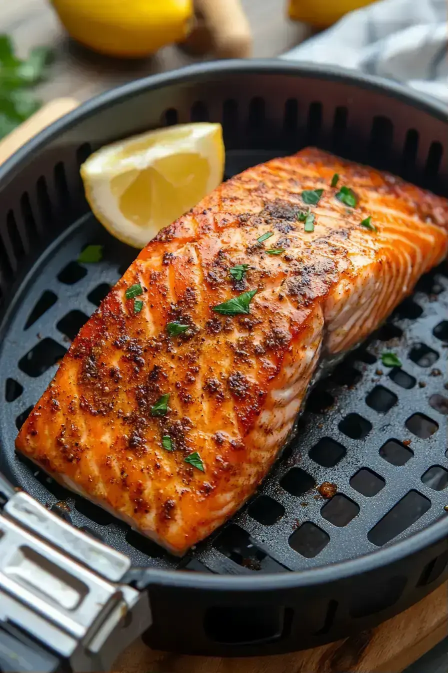 Finished air fryer salmon plated with lemon wedges