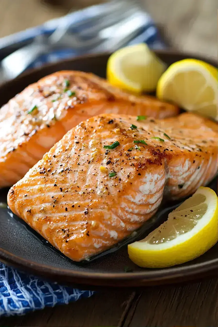 Air fryer salmon served with roasted vegetables and lemon wedges