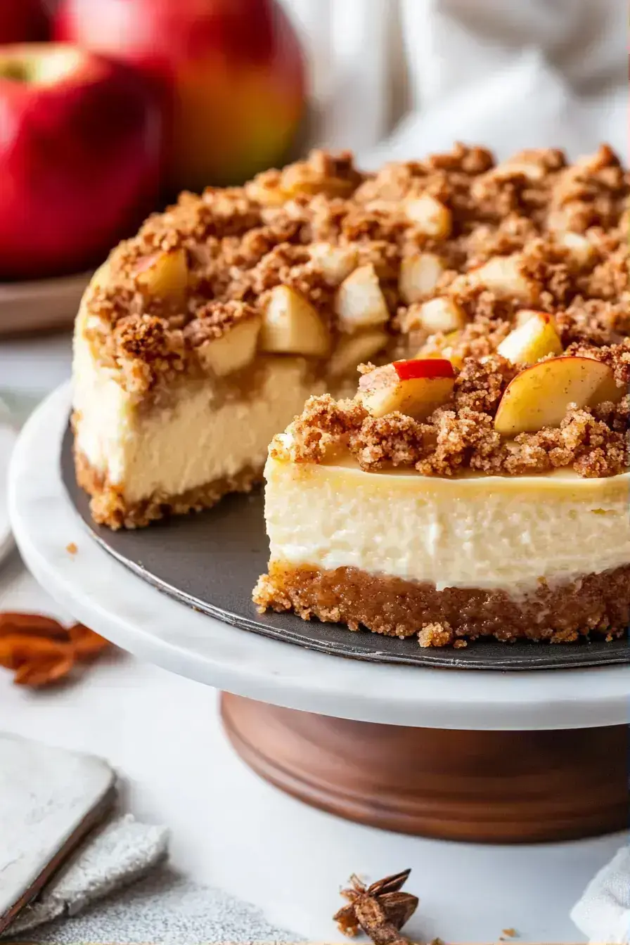 Nutritious Apple Crumble Cheesecake slice showing apples and oats