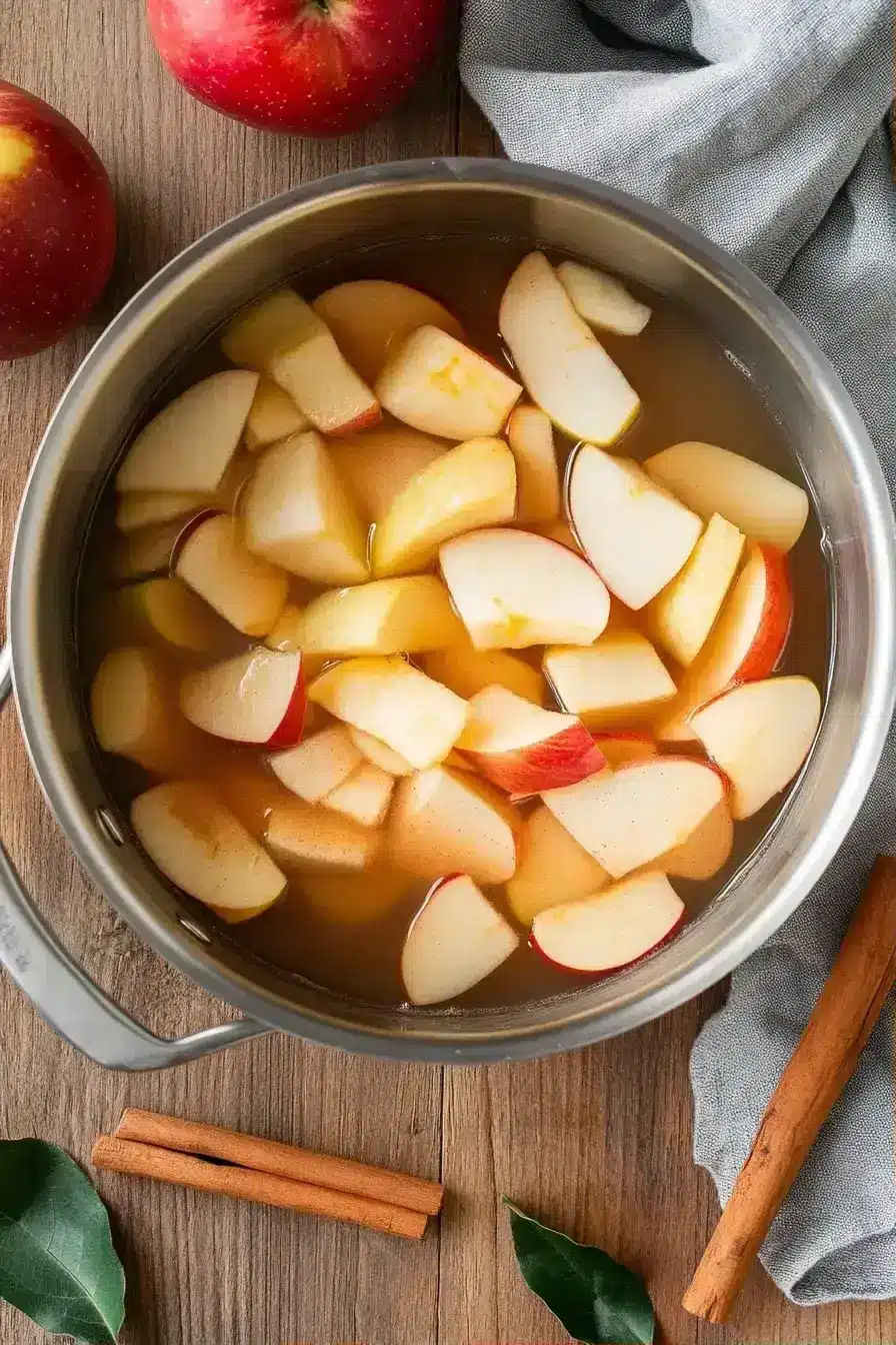 Adding a cinnamon stick to the simmering apple peel tea