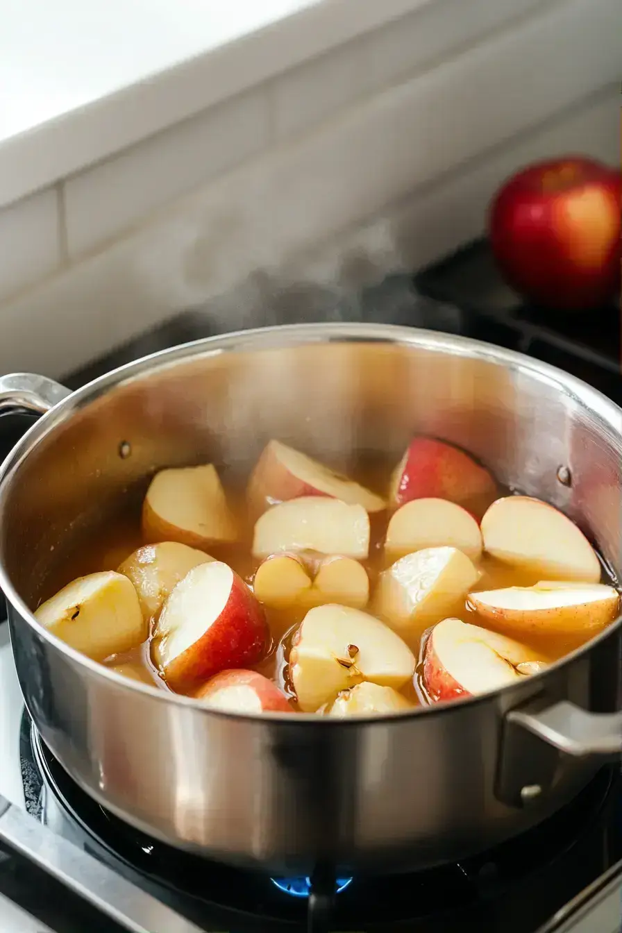 Apple peels and cinnamon steeping in a pot to make homemade herbal tea