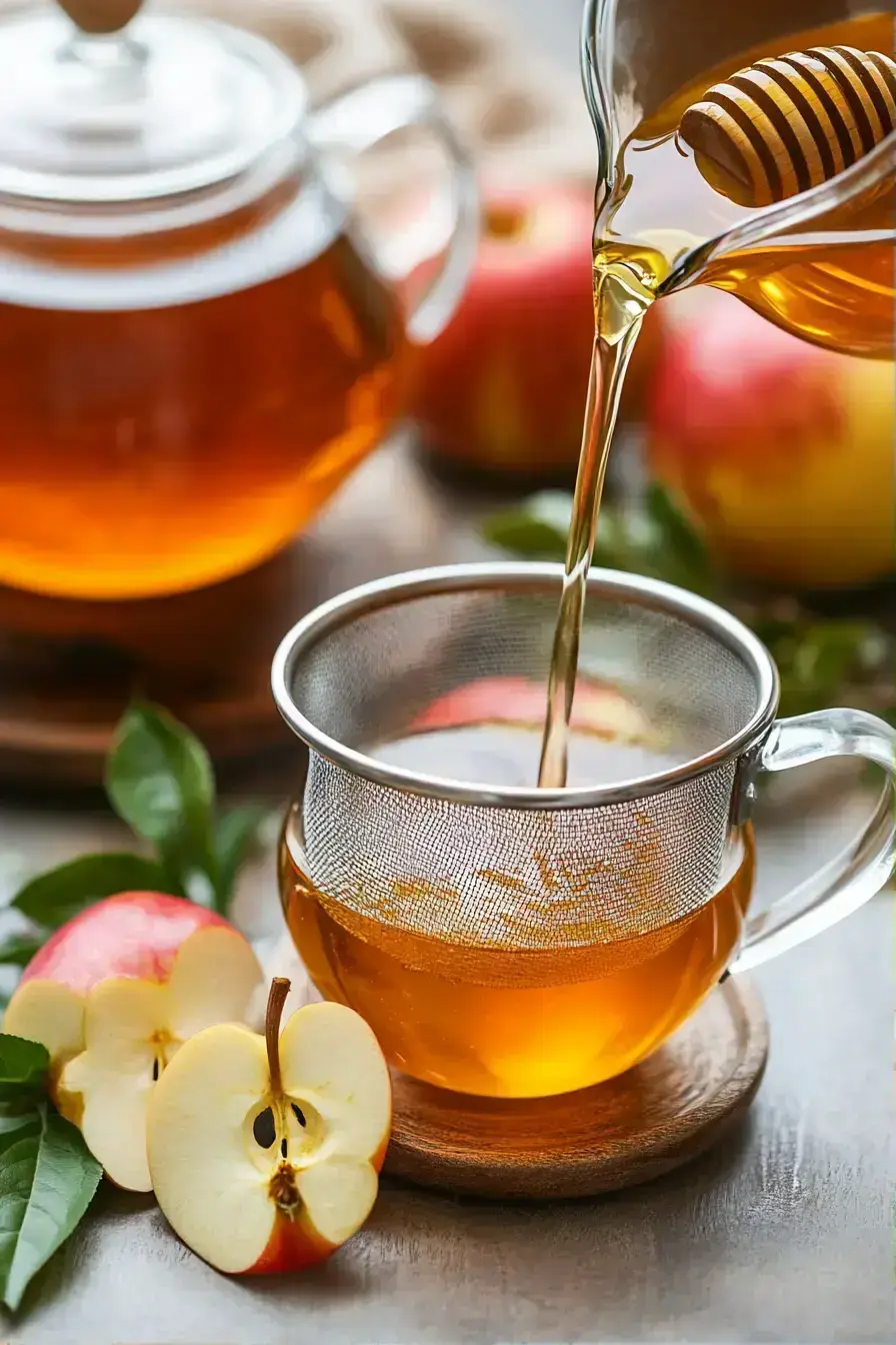 Pouring finished apple peel tea into a rustic mug for serving