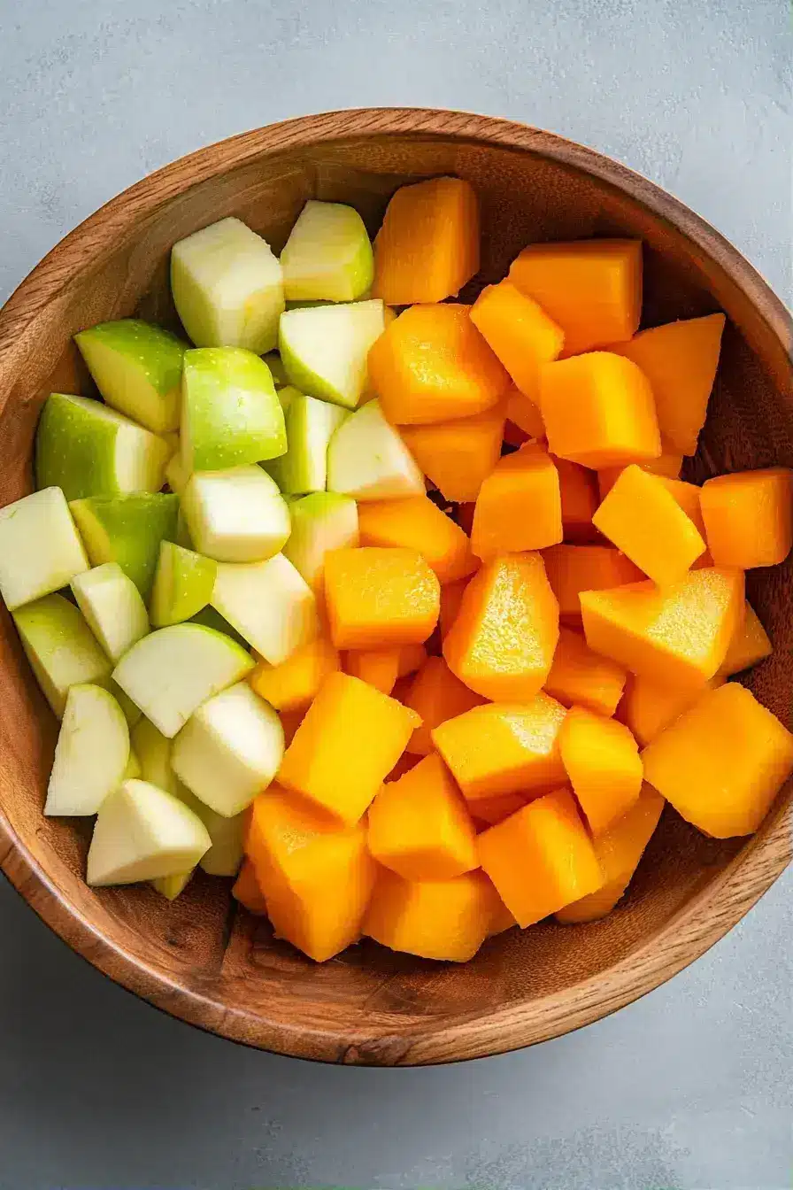 Combining the squash and apple for the Roasted Butternut Apple dish