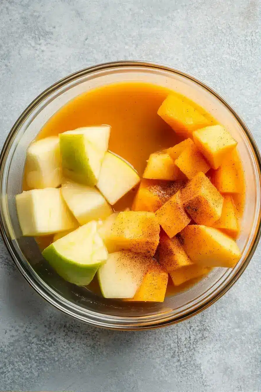 Tossing the apple and squash in the spiced butter mixture for a cinnamon-spiced squash apple bake