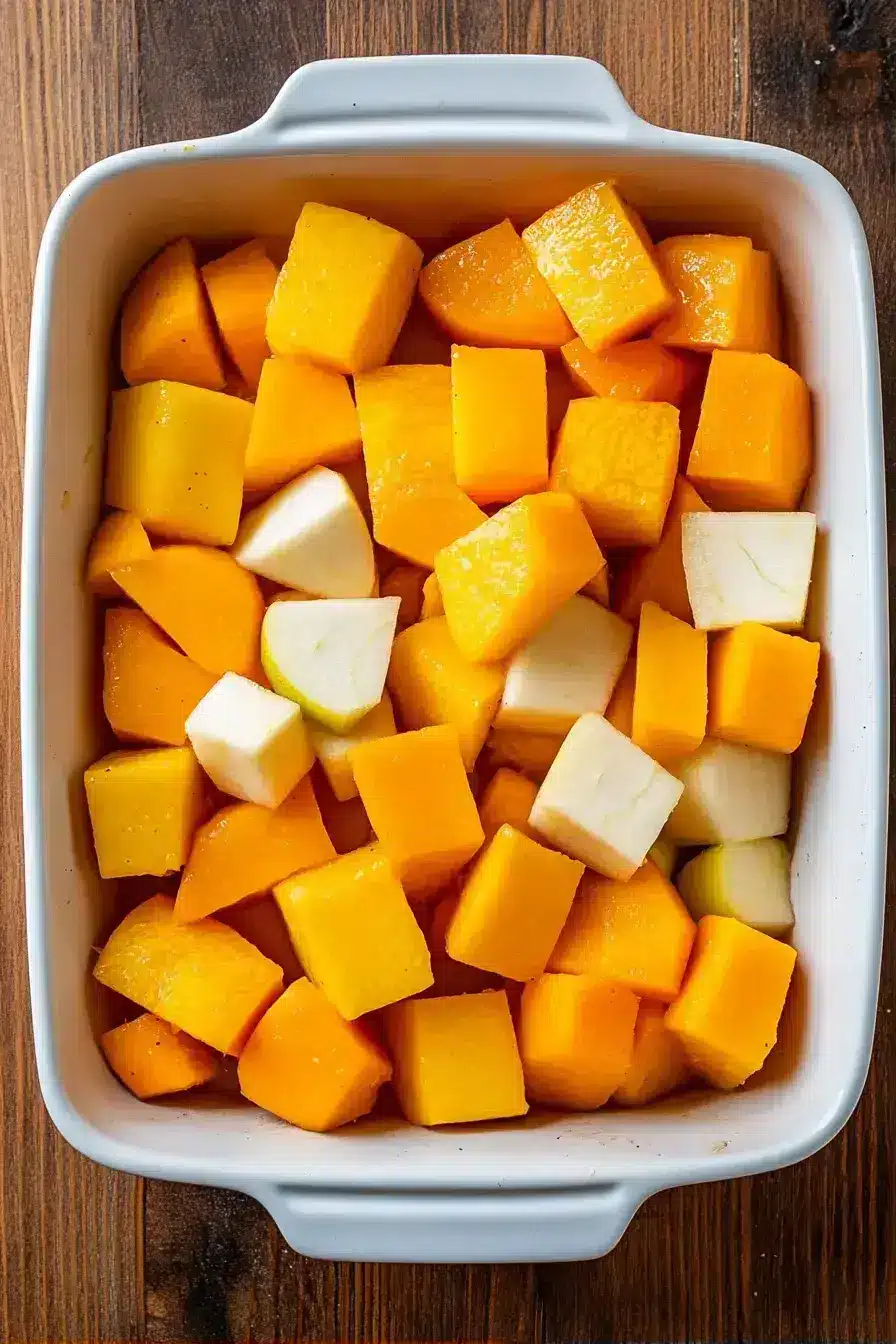 The final, beautifully caramelized buttery roasted squash with apple, ready to serve