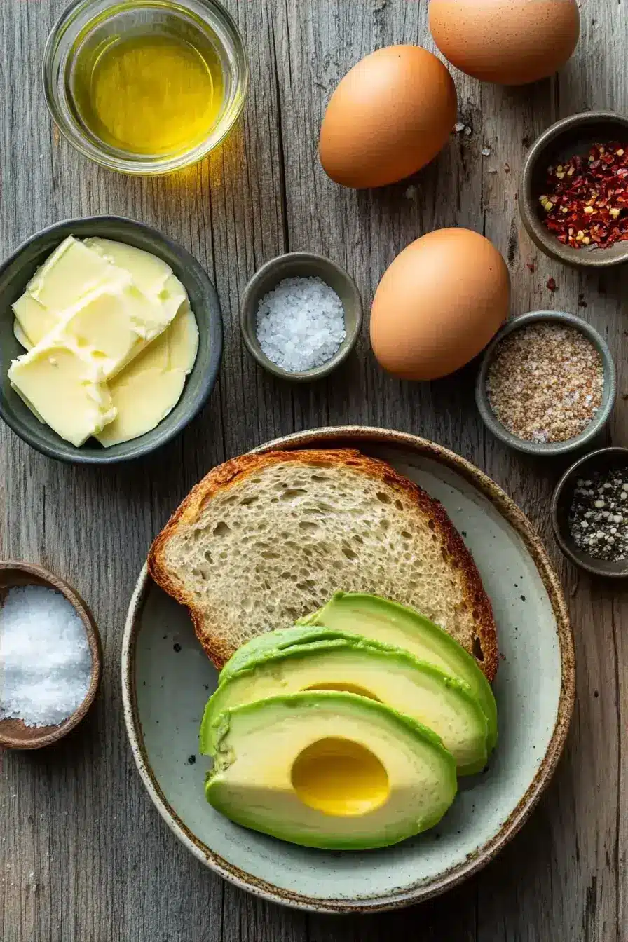 Ingredients for Avocado Toast with Poached Egg laid out on a rustic table