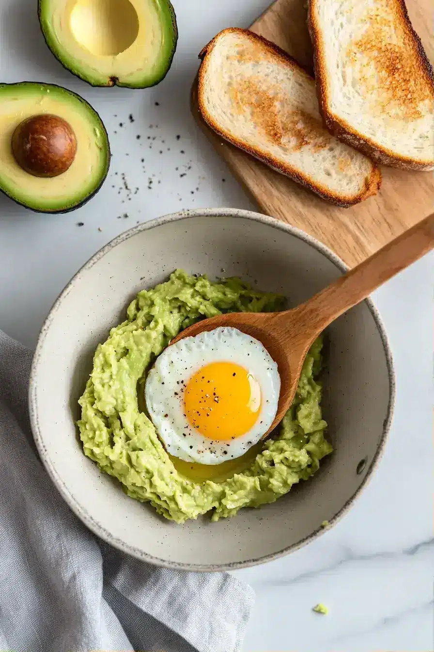 Mashing ripe avocado for creamy topping on Avocado Toast with Poached Egg