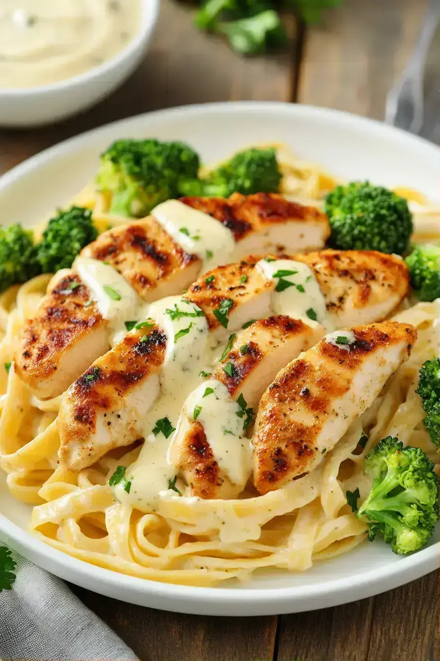 Serving Baked Chicken and Broccoli Alfredo with sides