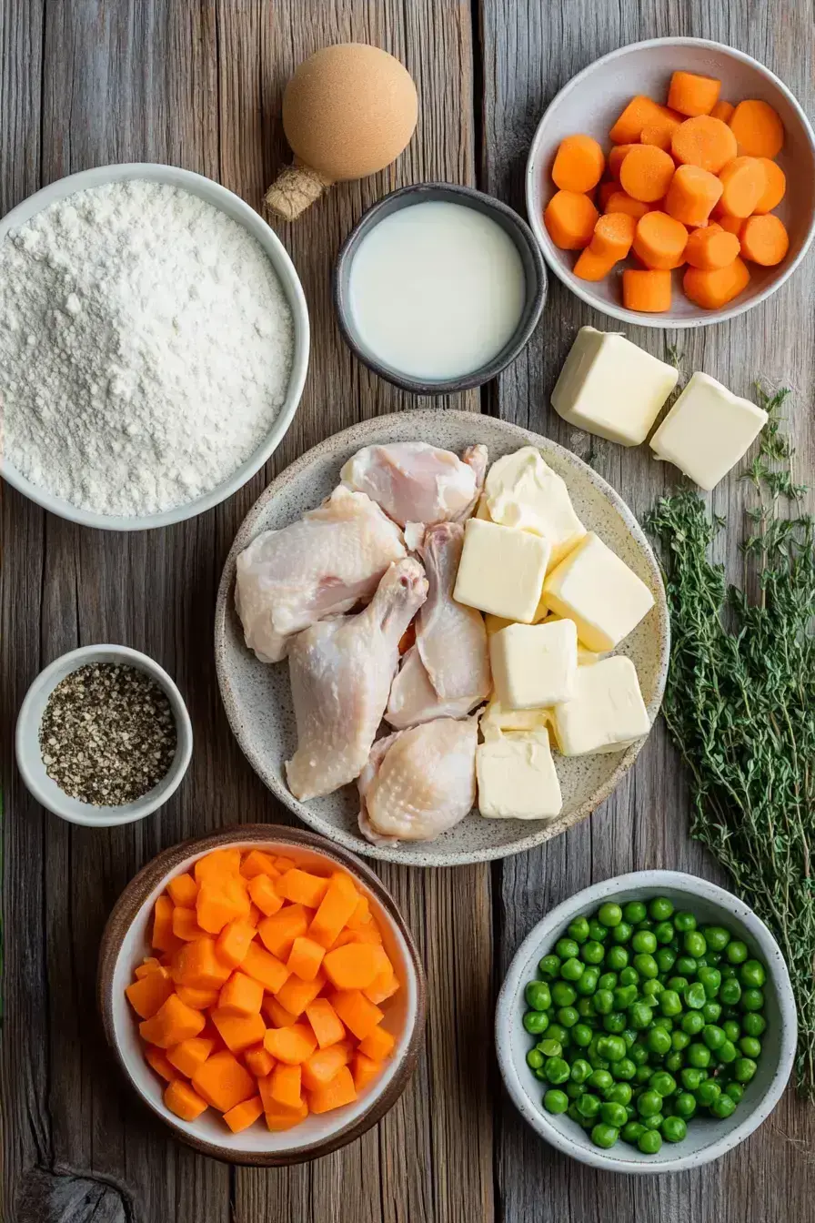 Assorted ingredients for homemade baked dumplings on a rustic kitchen counter
