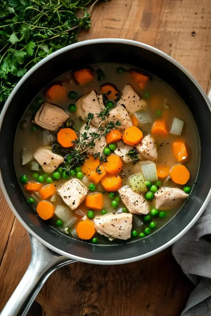 Simmering savory chicken and vegetable filling for baked dumplings