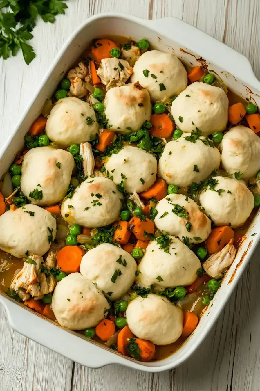 Final presentation of hearty dumplings with peas and carrots baked golden