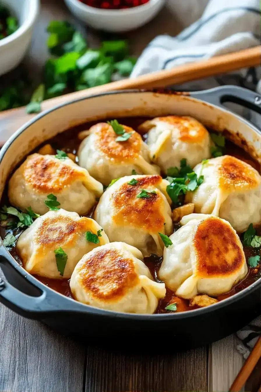 Beautifully served baked dumplings on rustic plates with fresh herbs garnish
