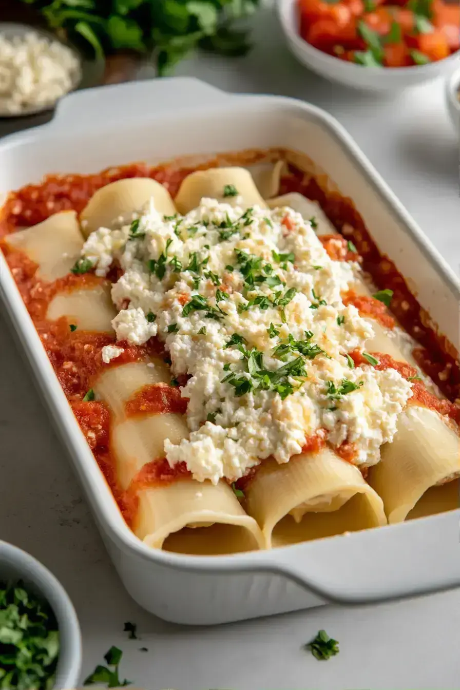 Assembling Baked Manicotti in a baking dish