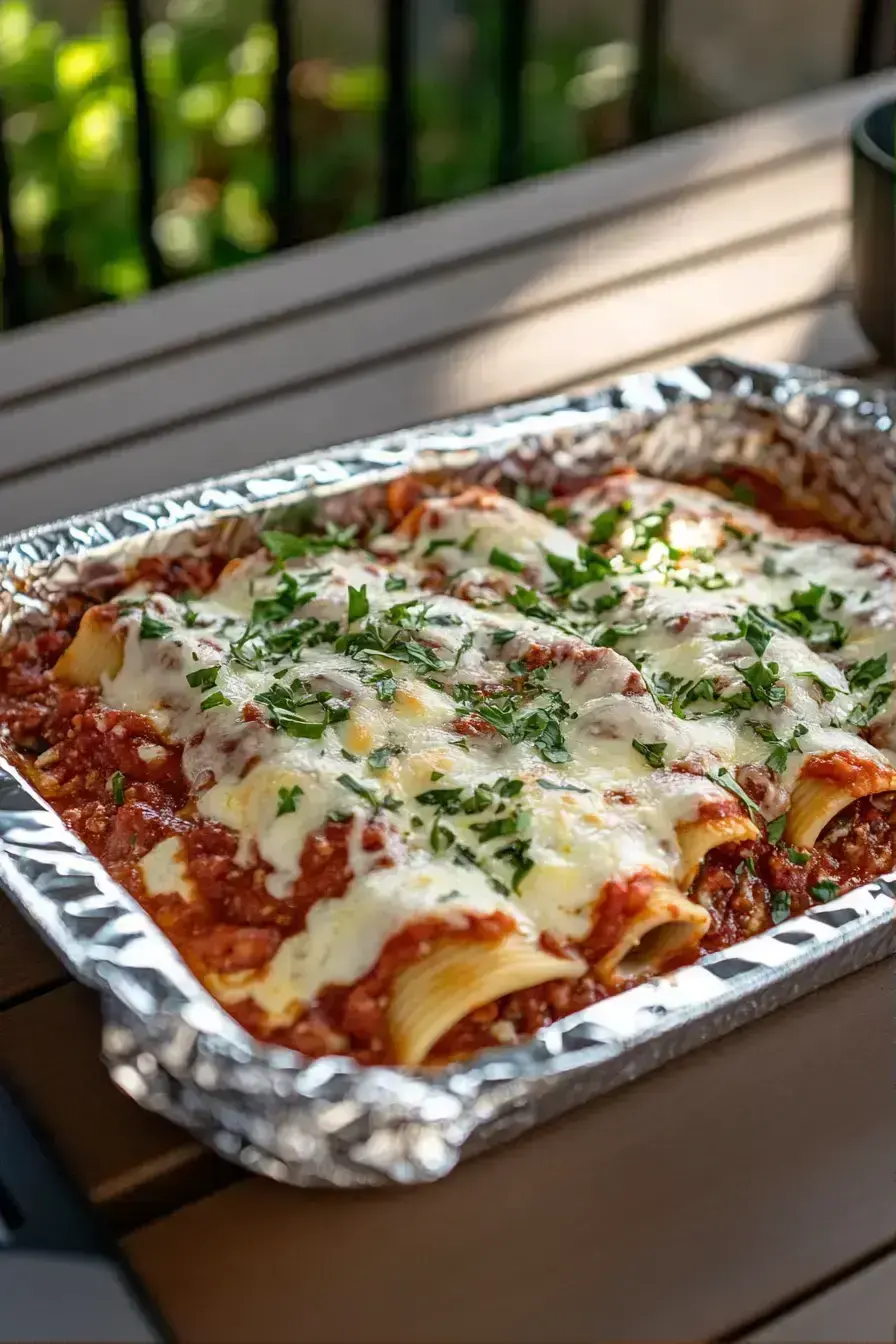 Finished Baked Manicotti with melted cheese and parsley garnish