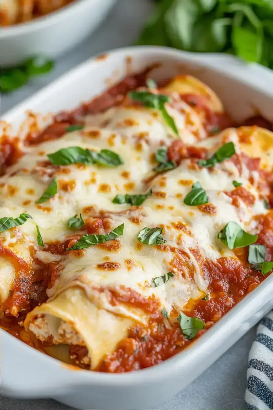 Baked Manicotti with creamy cheese filling and marinara sauce