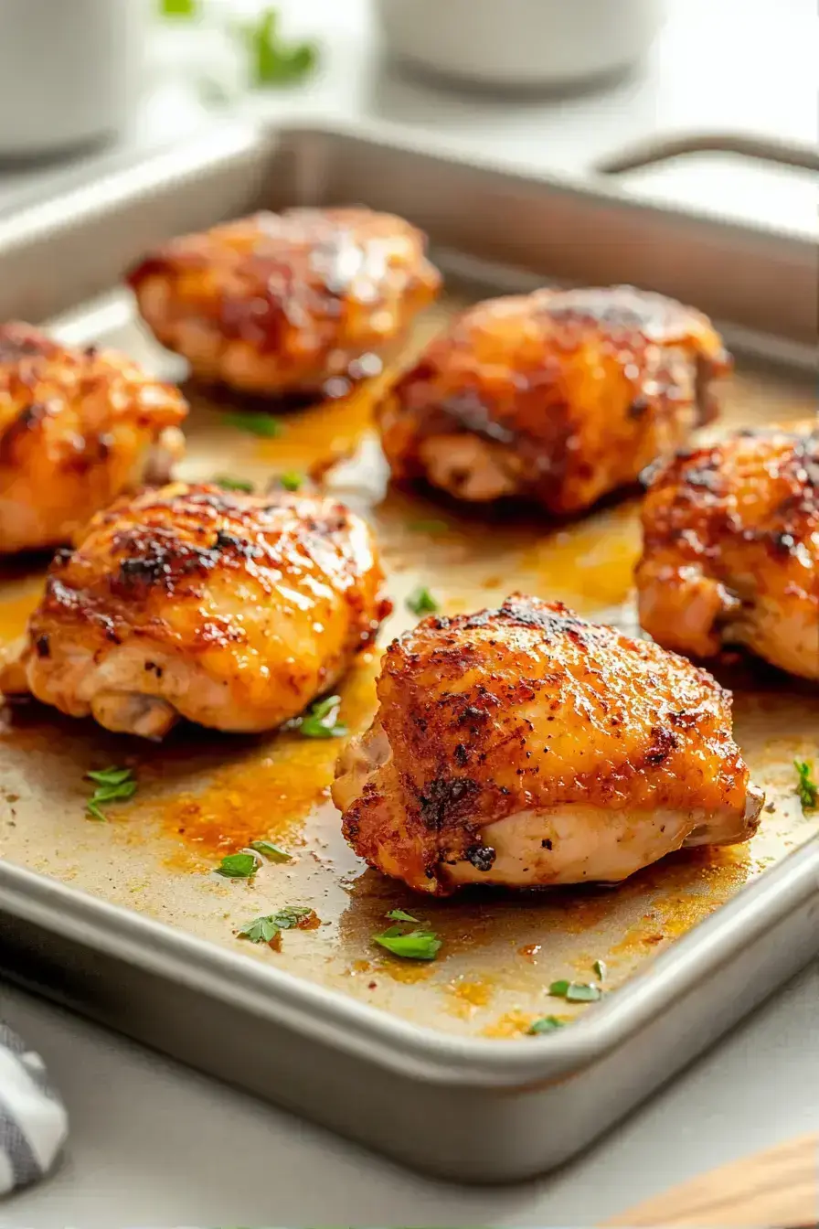 Finished moist baked chicken with tangy sauce resting before serving