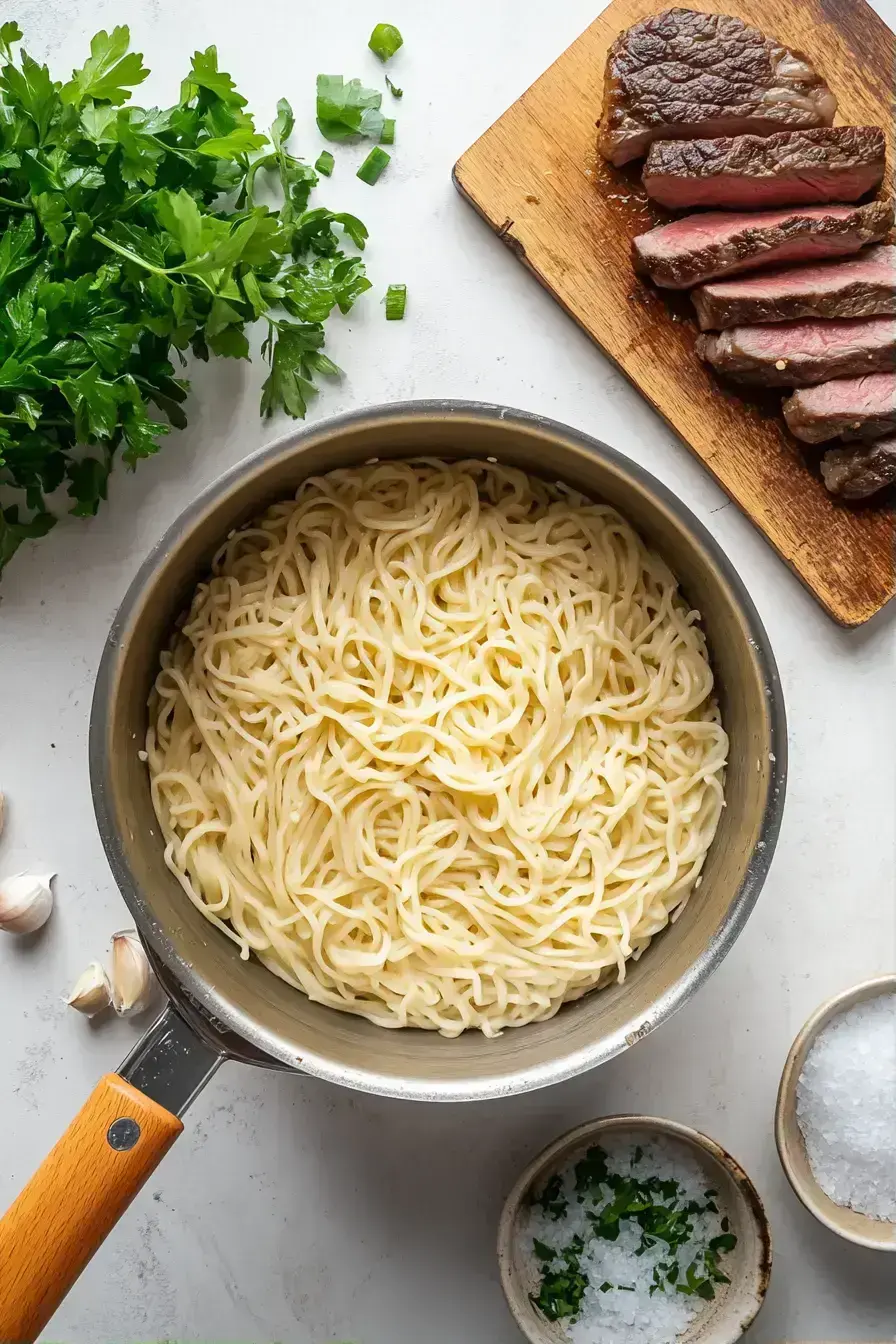 Searing steak for Beef Stroganoff in a hot skillet with butter and olive oil
