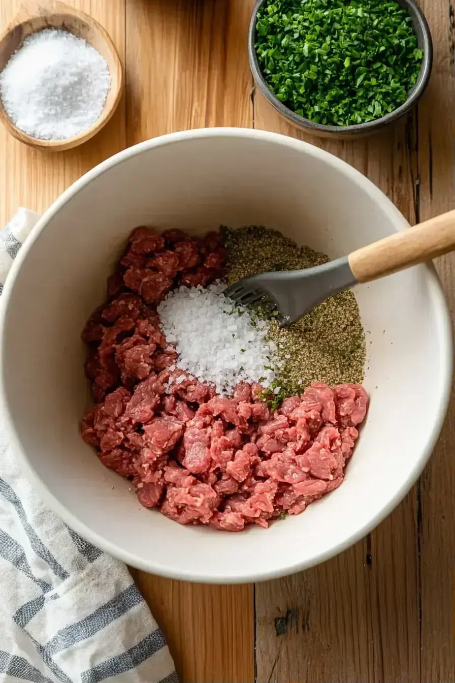 Hands shaping seasoned beef into burger patties