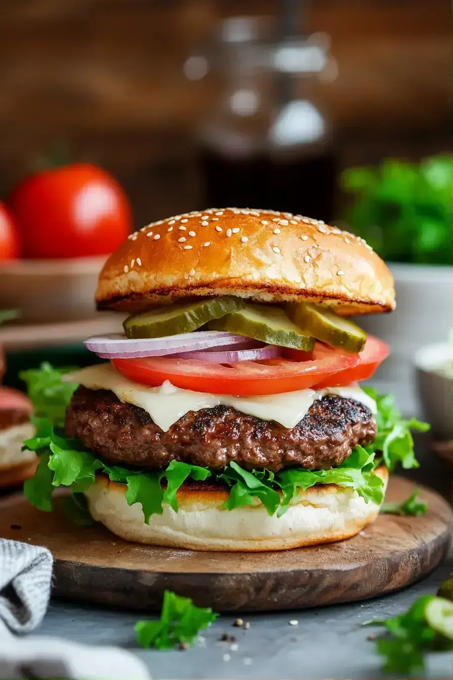 Fully assembled burger with cheese and fresh veggies