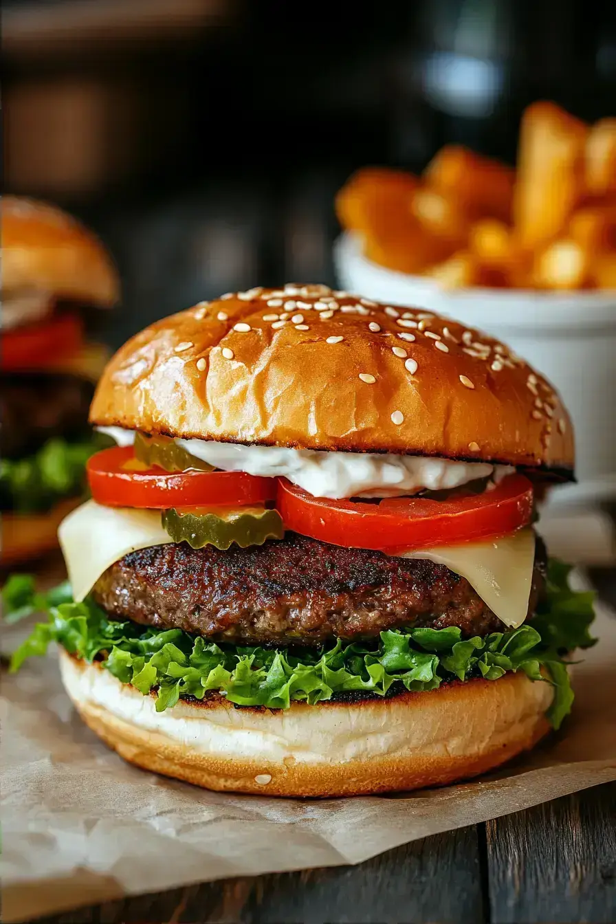 Juicy homemade burger with melted cheese and fresh toppings