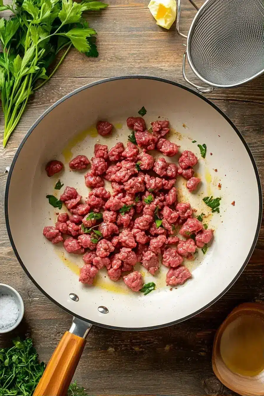 Seasoned ground beef sizzling in a skillet for Big Mac Bowls