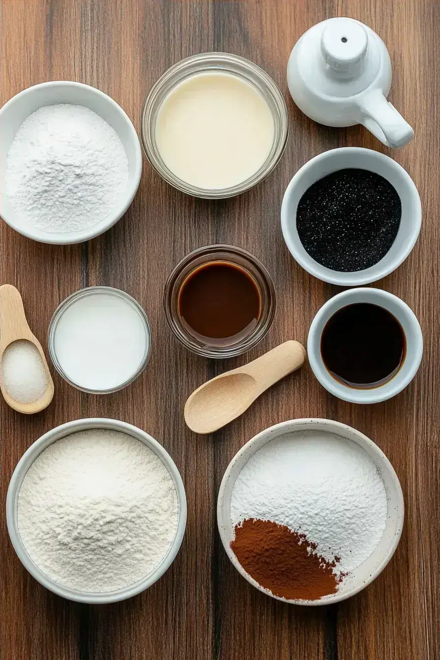 Black Velvet Cupcakes ingredients laid out on a kitchen counter