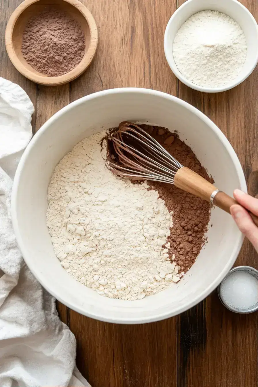 Black Velvet Cupcakes dry ingredients being whisked together