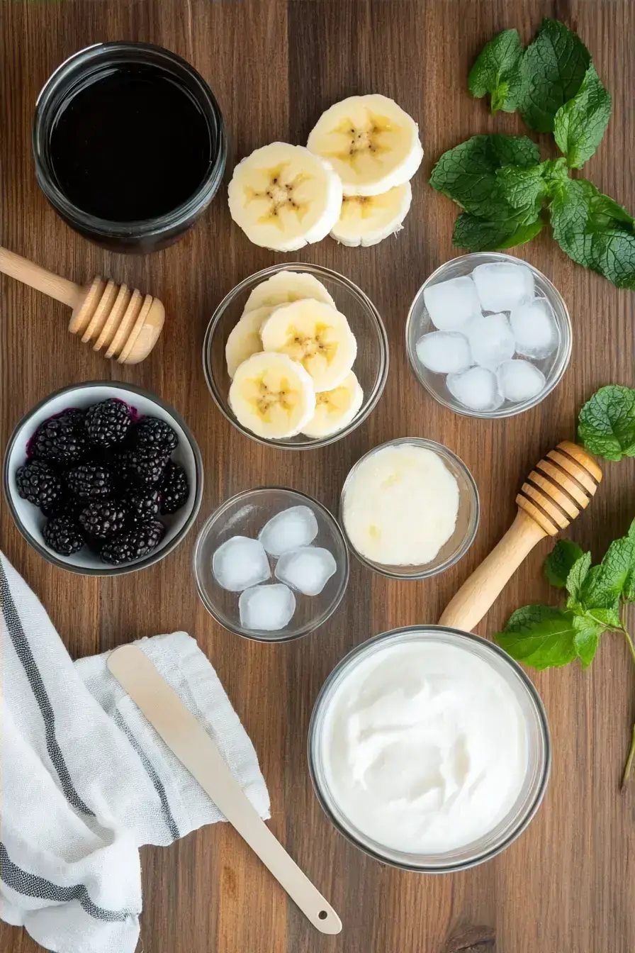 Fresh ingredients for a blackberry smoothie arranged on a rustic table