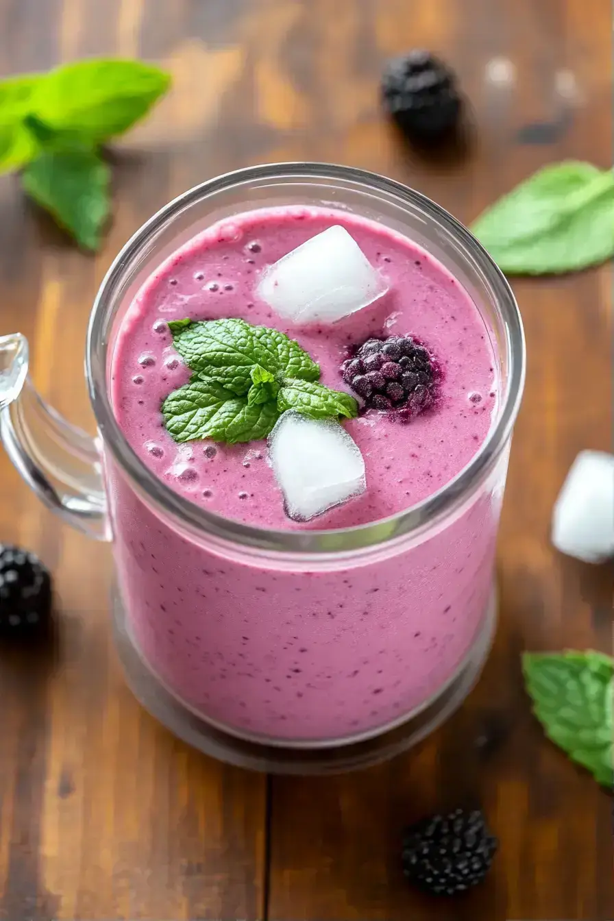 Two beautiful glasses of finished blackberry smoothie with berry garnishes