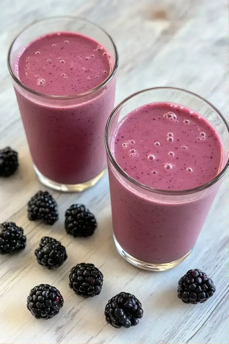 Beautifully garnished blackberry smoothie served with fresh berries and mint on a rustic table