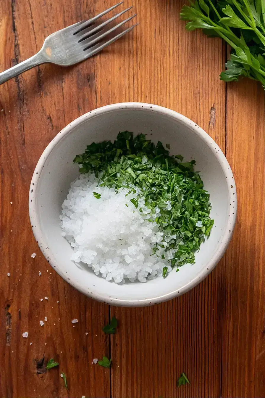 Mixing Blue Salt ingredients with a fork in a ceramic bowl