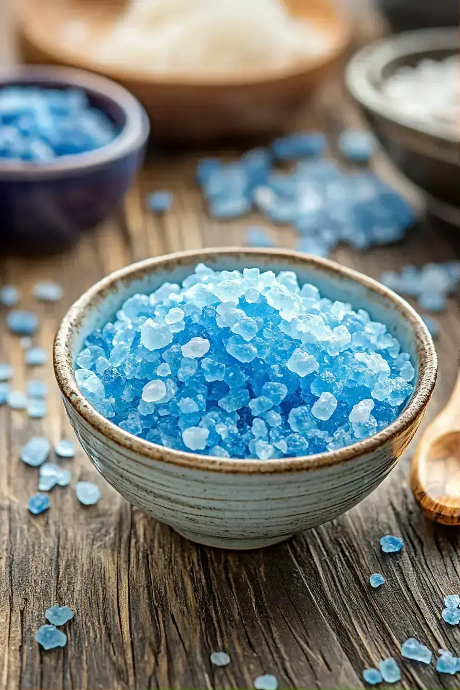 Finished Blue Salt seasoning being sprinkled over fresh vegetables