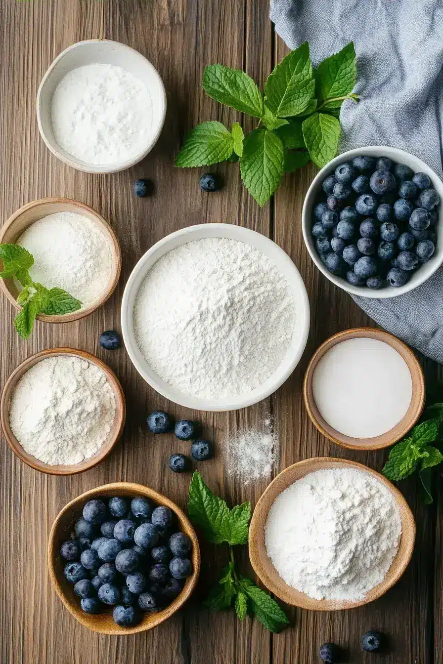All ingredients for blueberry muffins measured out