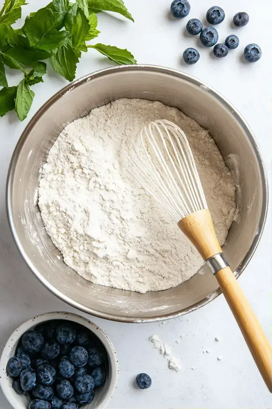 Whisking dry ingredients for blueberry muffins in a bowl