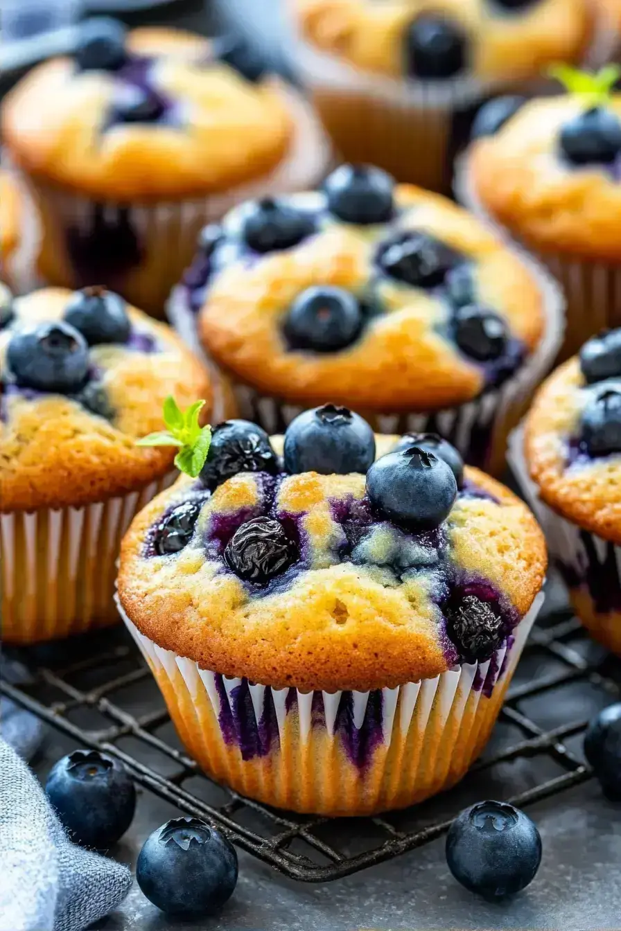 Fresh baked blueberry muffins cooling on a rack