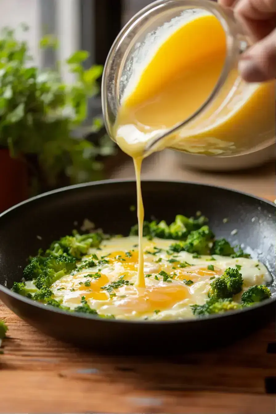 Finished Broccoli Cheddar Egg scramble plated and ready