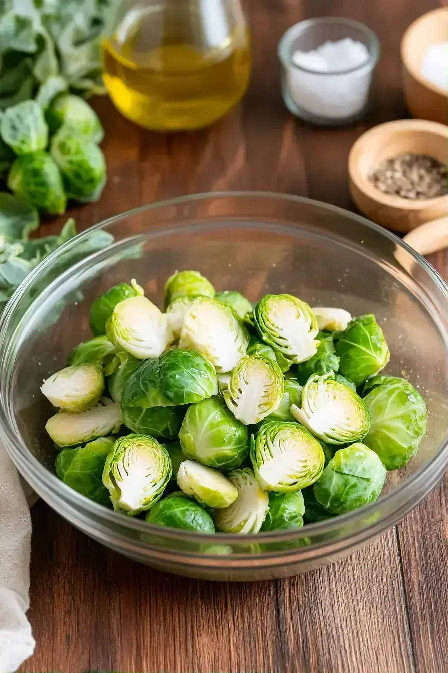 Hands tossing Brussels sprouts with olive oil in a mixing bowl