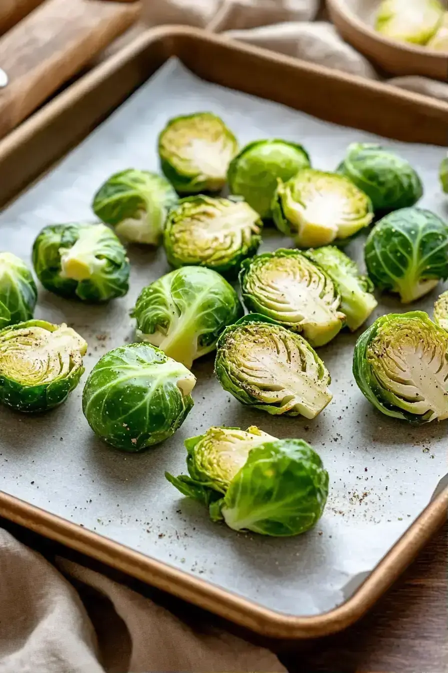 Golden roasted Brussels sprouts in a parchment-lined baking sheet