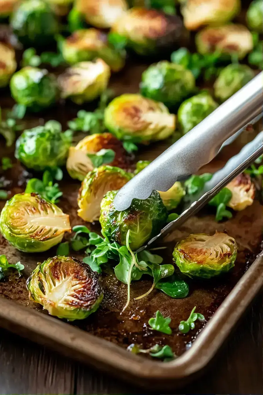 Finished roasted Brussels sprouts in a serving bowl with balsamic glaze