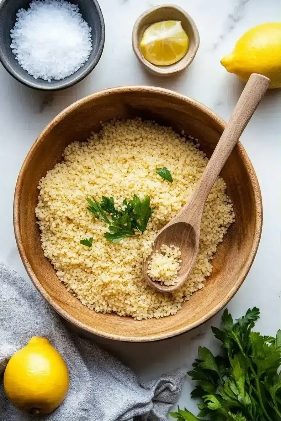 Fluffing cooked bulgur with a fork for salad
