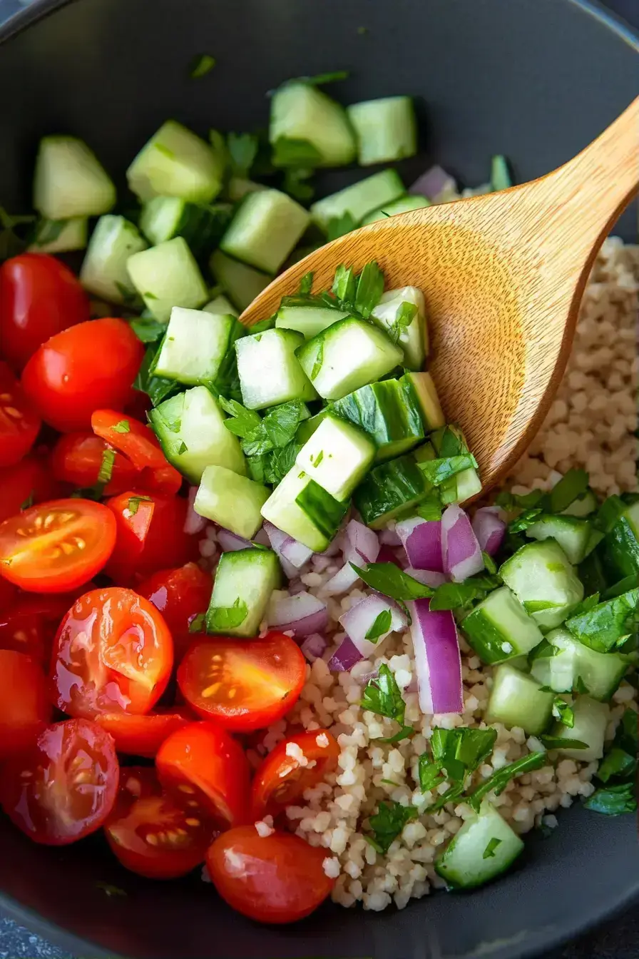 Serving the finished Mediterranean bulgur salad in a bowl