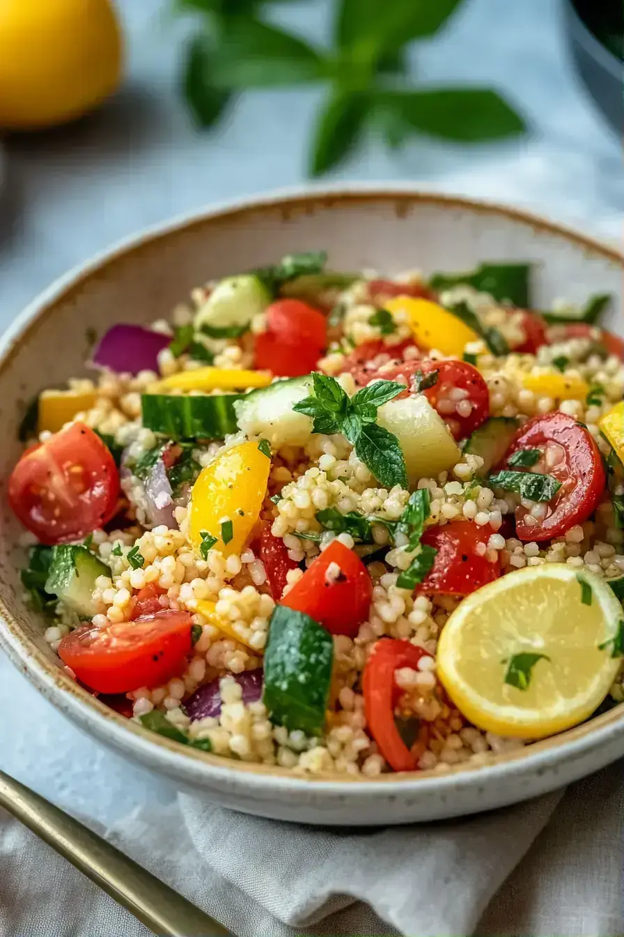 A colorful bowl of healthy Mediterranean bulgur salad, rich in nutrients