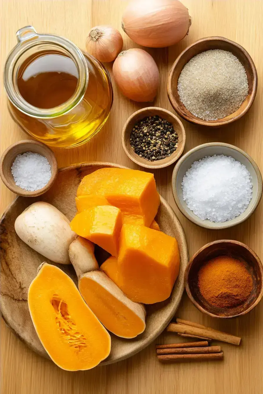 Assembled ingredients for making roasted butternut squash on a wooden table