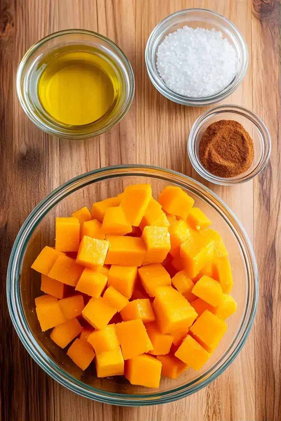 Tossing cubed butternut squash with olive oil and spices in a ceramic bowl