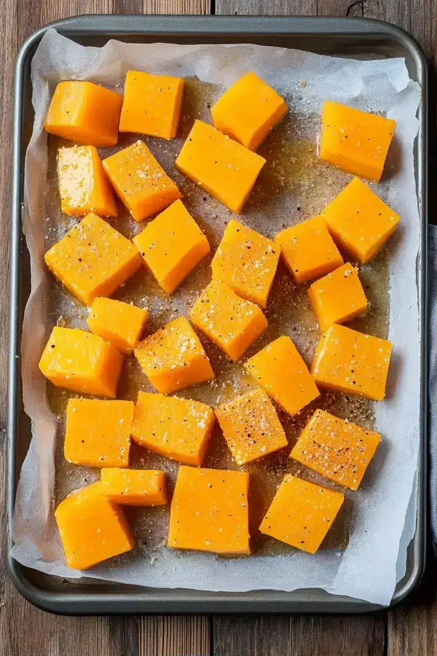 Golden roasted butternut squash cubes caramelizing on a baking sheet