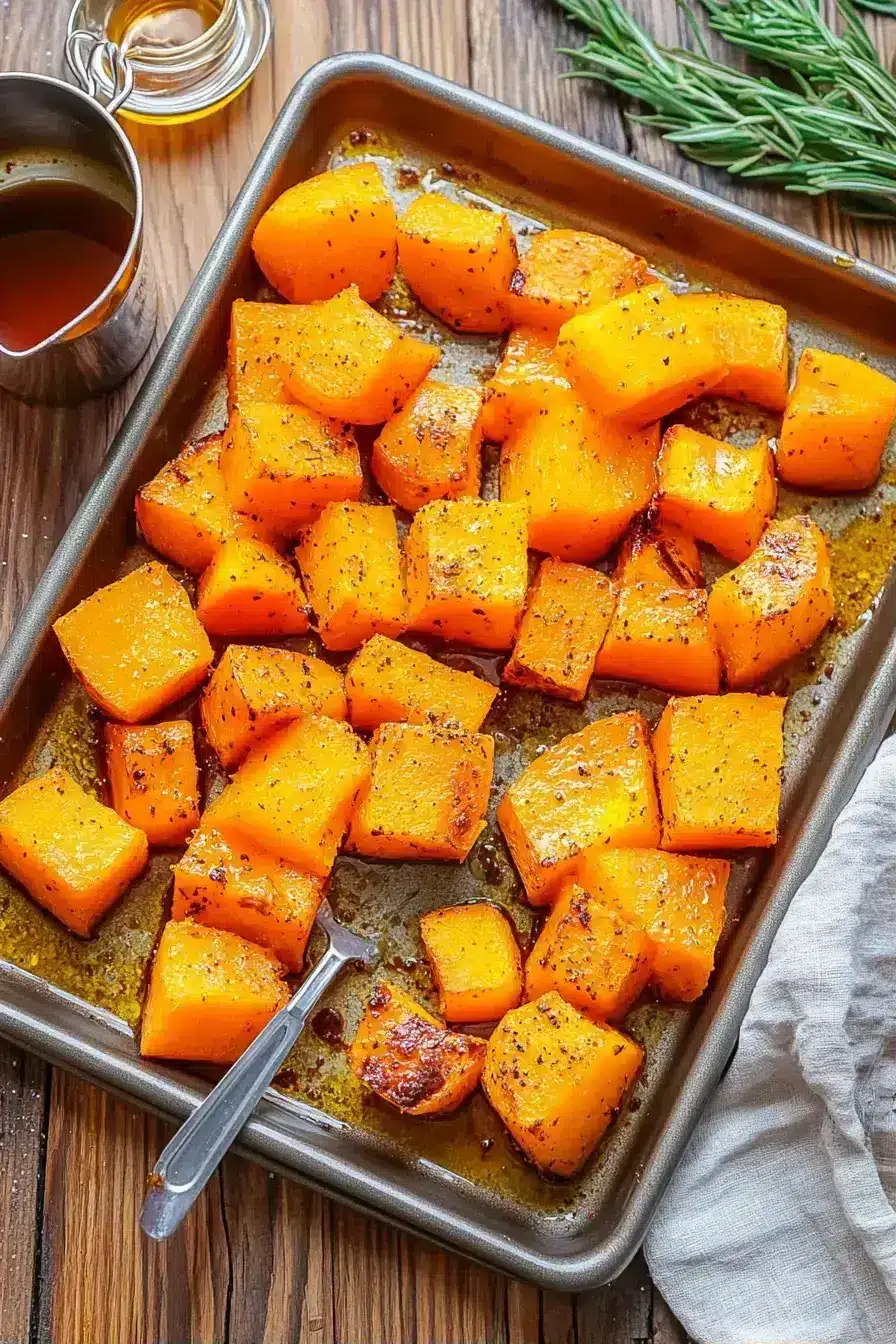 Finished maple glazed roasted winter squash garnished with fresh herbs