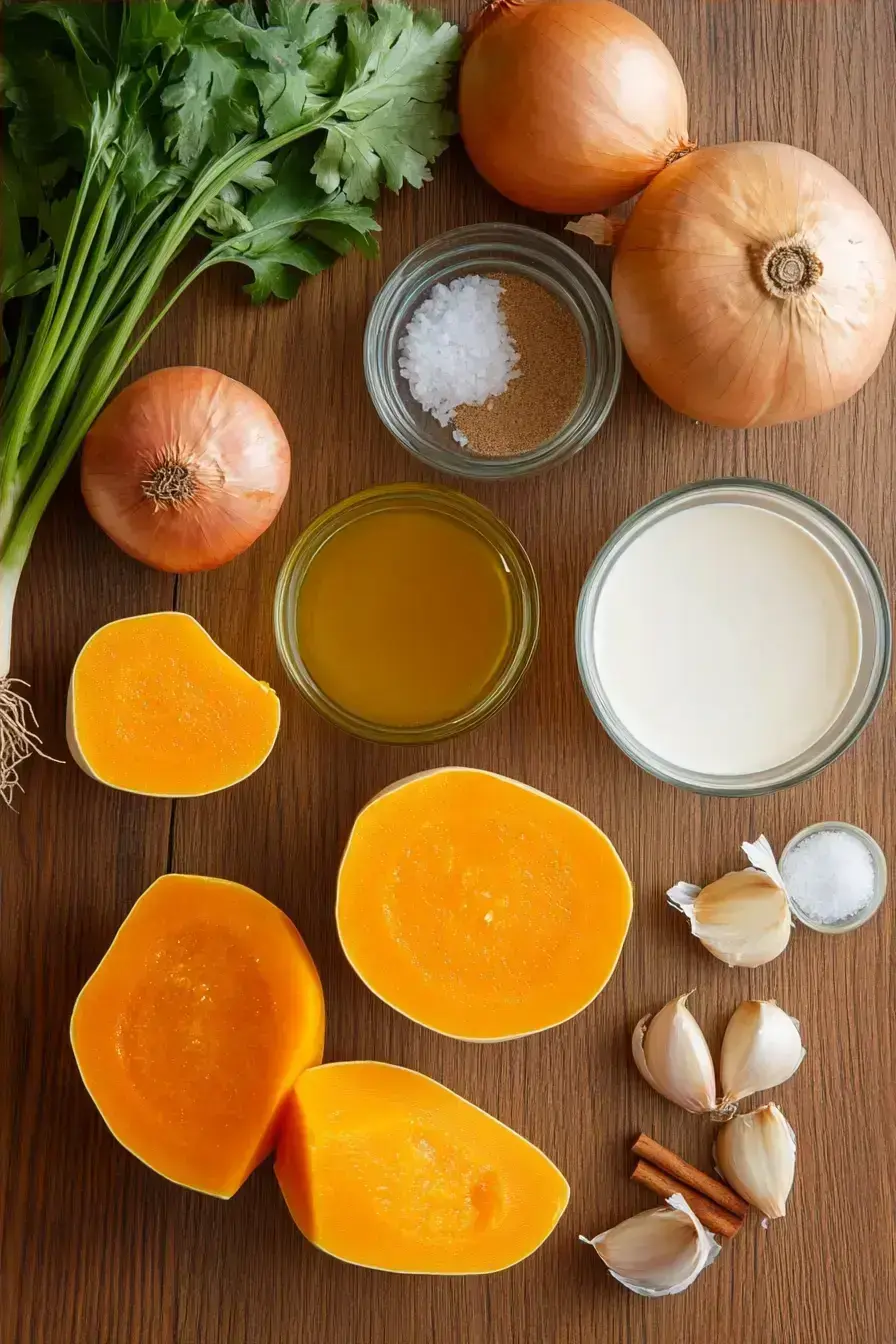 Fresh ingredients for making butternut squash soup laid out on a counter