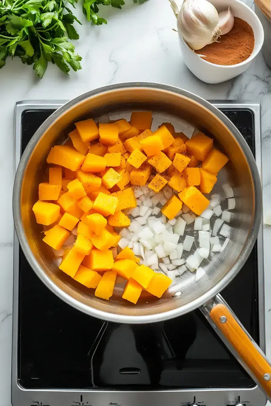 Combining roasted squash and broth for butternut squash soup