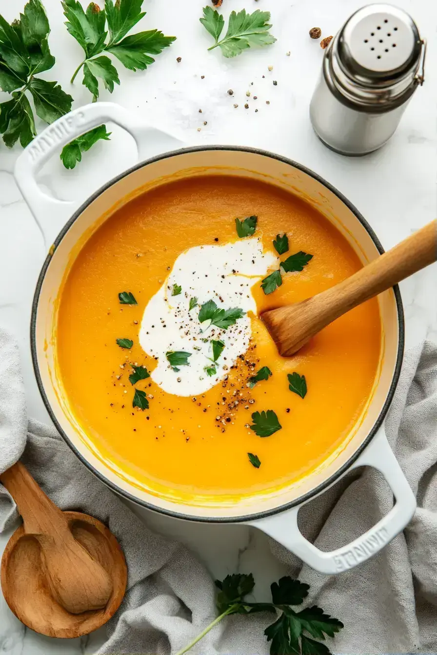 Creamy finished butternut squash soup in a bowl with a garnish