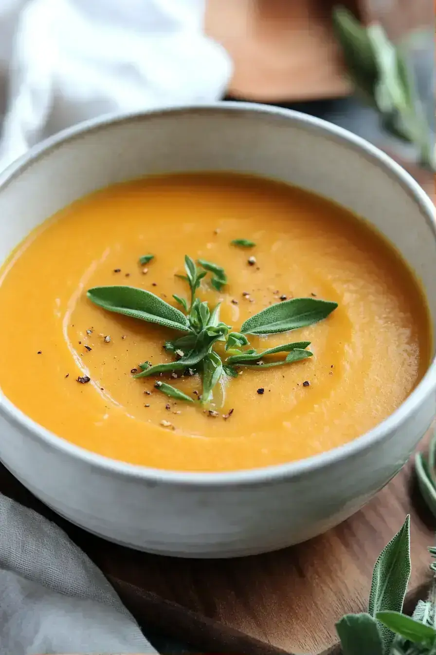 Beautifully served butternut squash soup with artistic garnishes in a rustic bowl